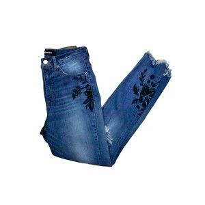 Express Ankle Legging Super High Rise Raw Hem Jeans 4 Stretch Denim Embroidered